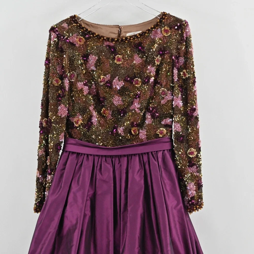 Victoria Royal Beaded Dress Womens 10 Silk Gown‎ Purple Taffeta Bow Vintage 60s